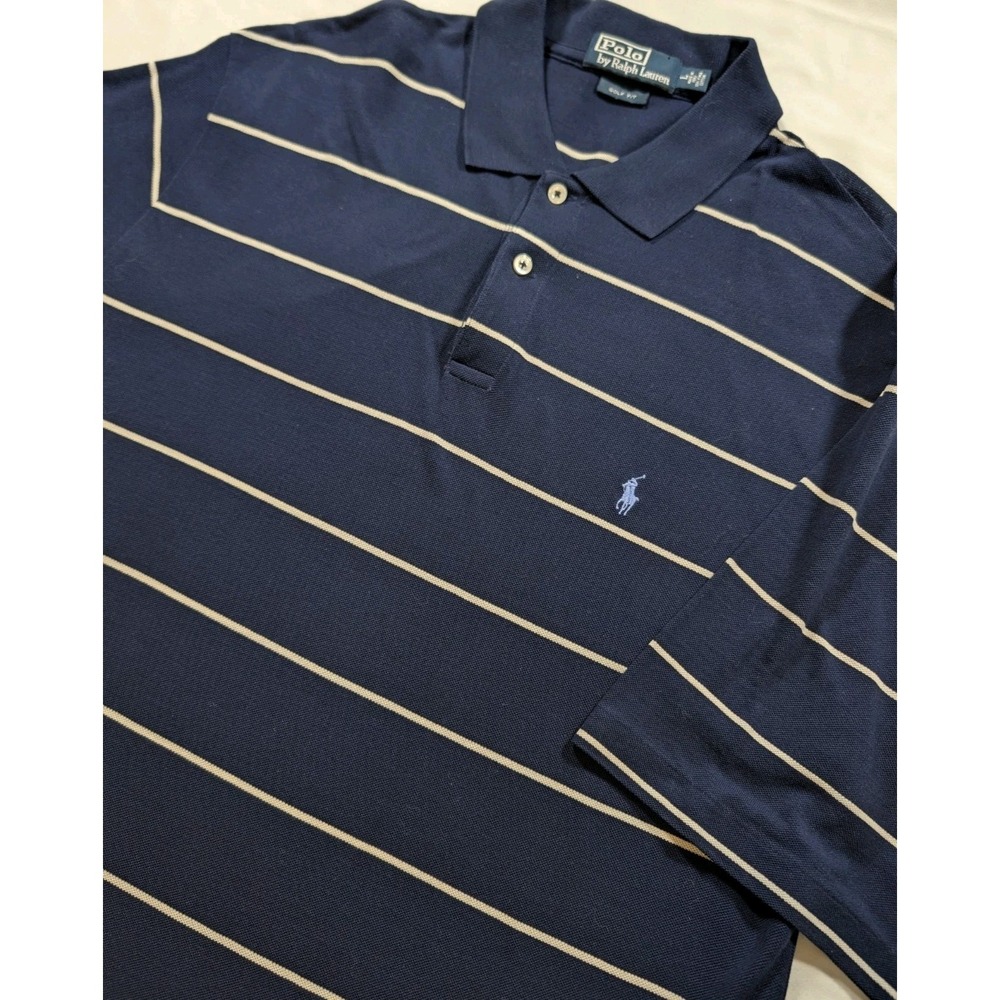 Polo Ralph Lauren Mens Lg Polo Shirt Blue Striped Pima Cotton Golf Short Sleeve